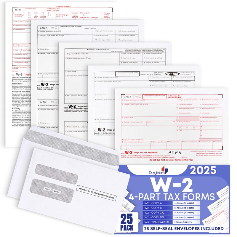 Dutymark W2 Forms 2025 with Envelopes, 4 Part Kit for 25 Employees of Laser W2 Tax Forms IRS-Compatible with 3 W3s, Compatible with Quickbooks Software, Includes 25 Self-Sealing Envelopes - Image 5